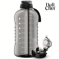 3.8L Water Bottle with Time Marker & Lid - Leakproof, Straw, Gym, Fitness, Outdo