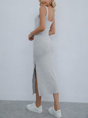 Split Ribbed Dress Sexy Solid Squared Neck Sleeveless Maxi Dress