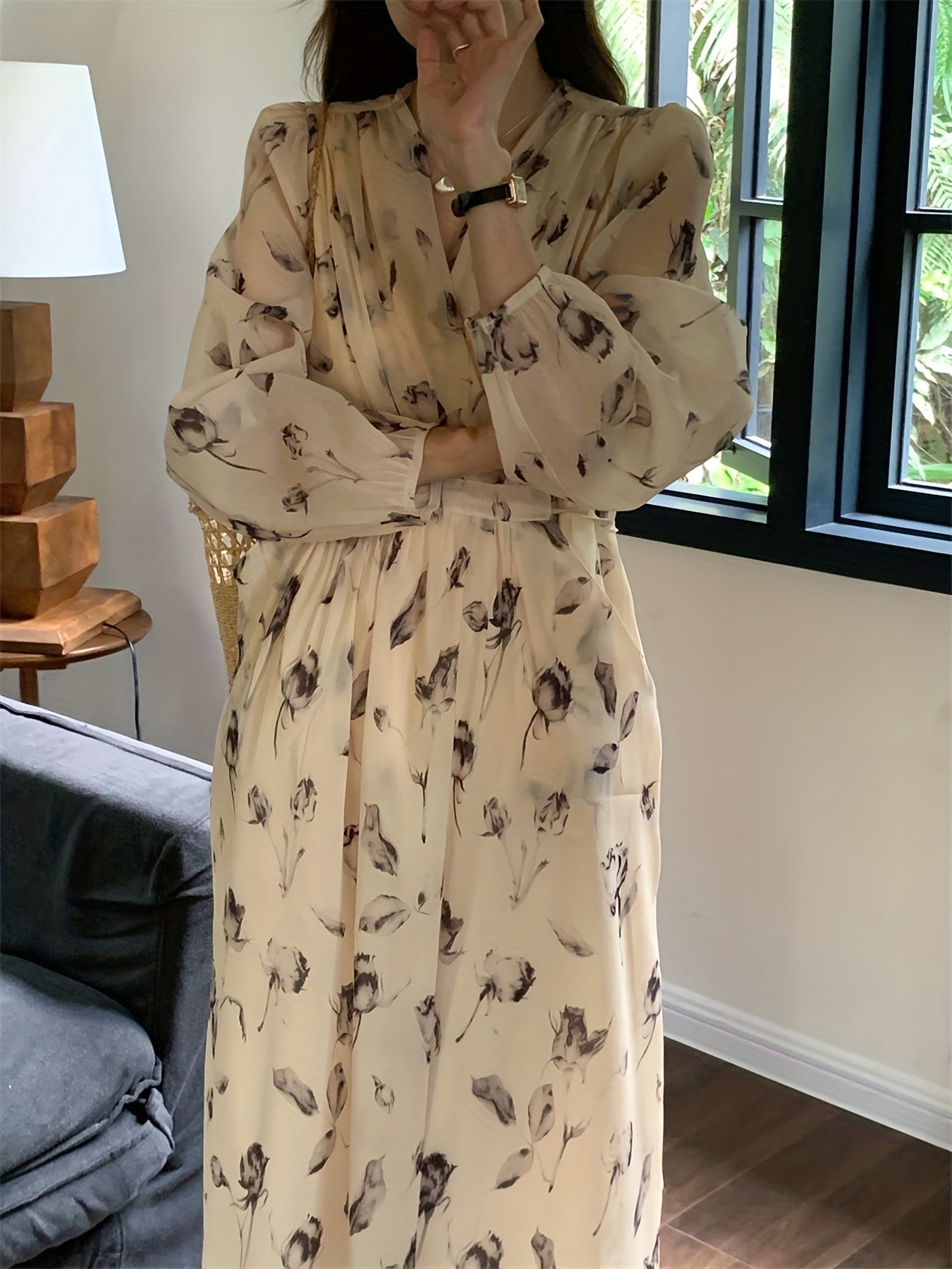 Floral Print Surplice Neck Dress Chiffon Long Sleeve
