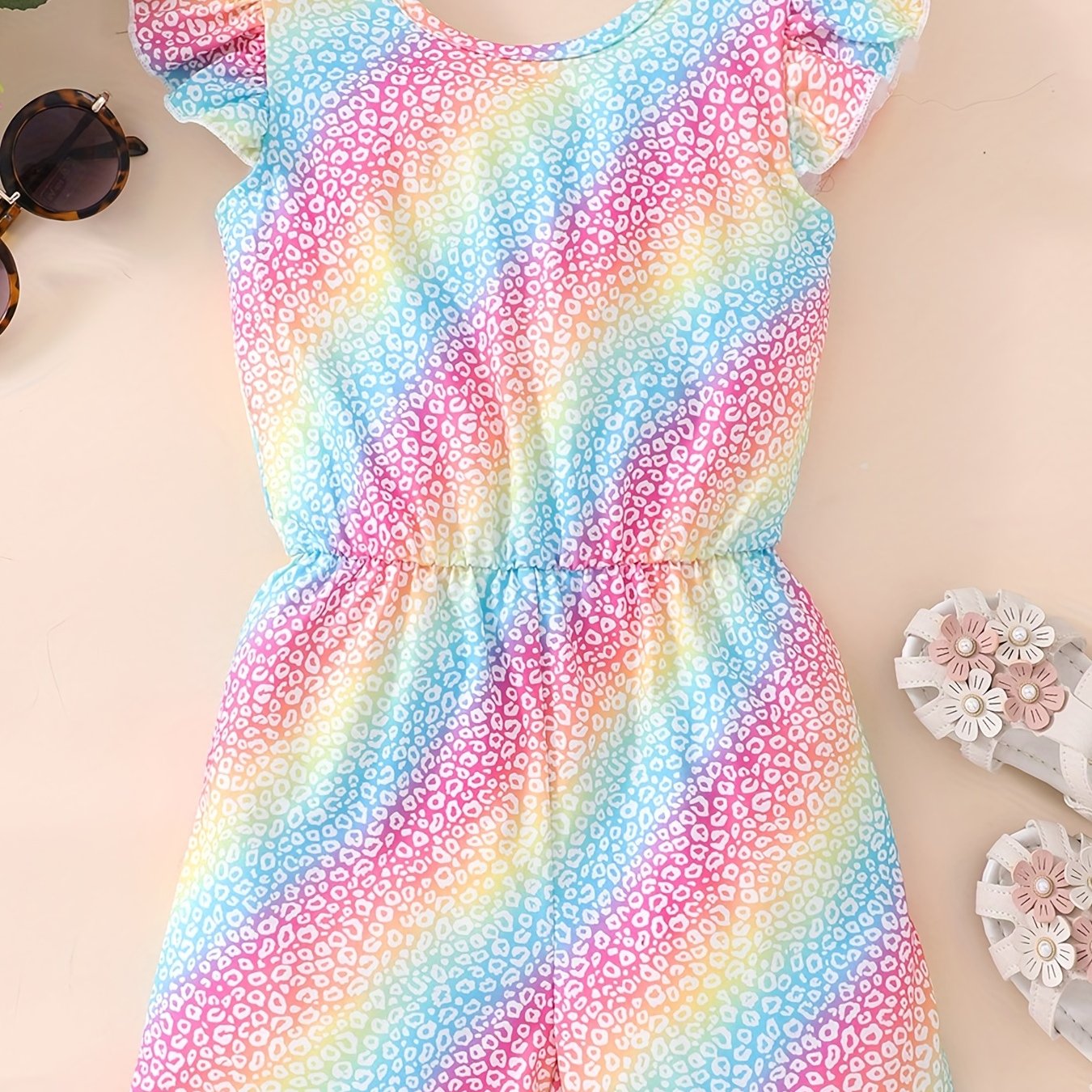 Toddler Girls Colorful Leopard Ruffle Trim Backless Rompers Jumpsuits