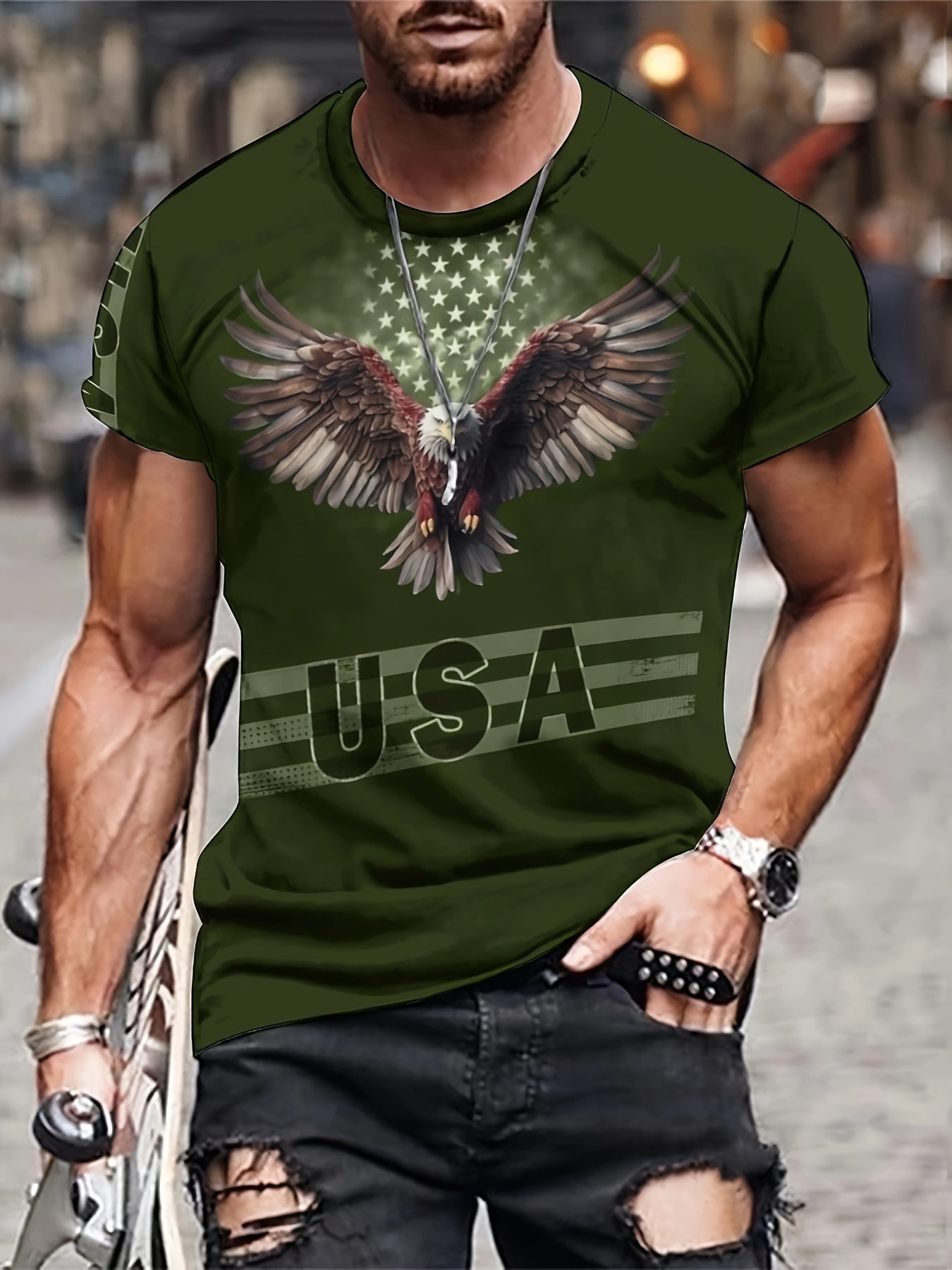 Stylish Eagle & Letter 3D Print Men's Graphic T-shirt Short Sleeve Pullover