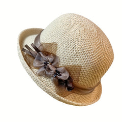 Beige Crochet Bucket Hat Rolled Brim Flower Decor Sunshade Fisherman Cap