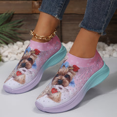 Breathable Cartoon Dog Print Non slip Running Shoes with Rhinestone Decoration