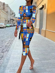 Backless Abstract Print Dress Sexy Long Sleeve Bodycon Midi Dress