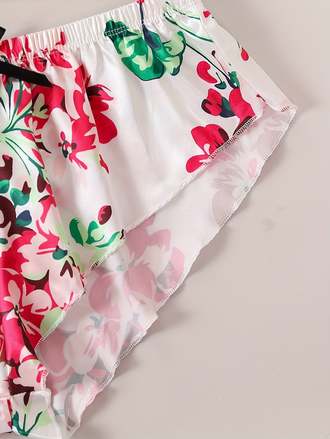 Floral Print Lounge Set Long Sleeve Ruffle Robe & Cami Top & Shorts