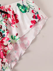 Floral Print Lounge Set Long Sleeve Ruffle Robe & Cami Top & Shorts