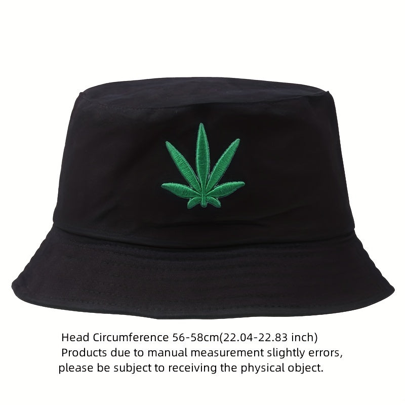 Leaf Embroidery Bucket Hat Cotton Solid Basin Hat