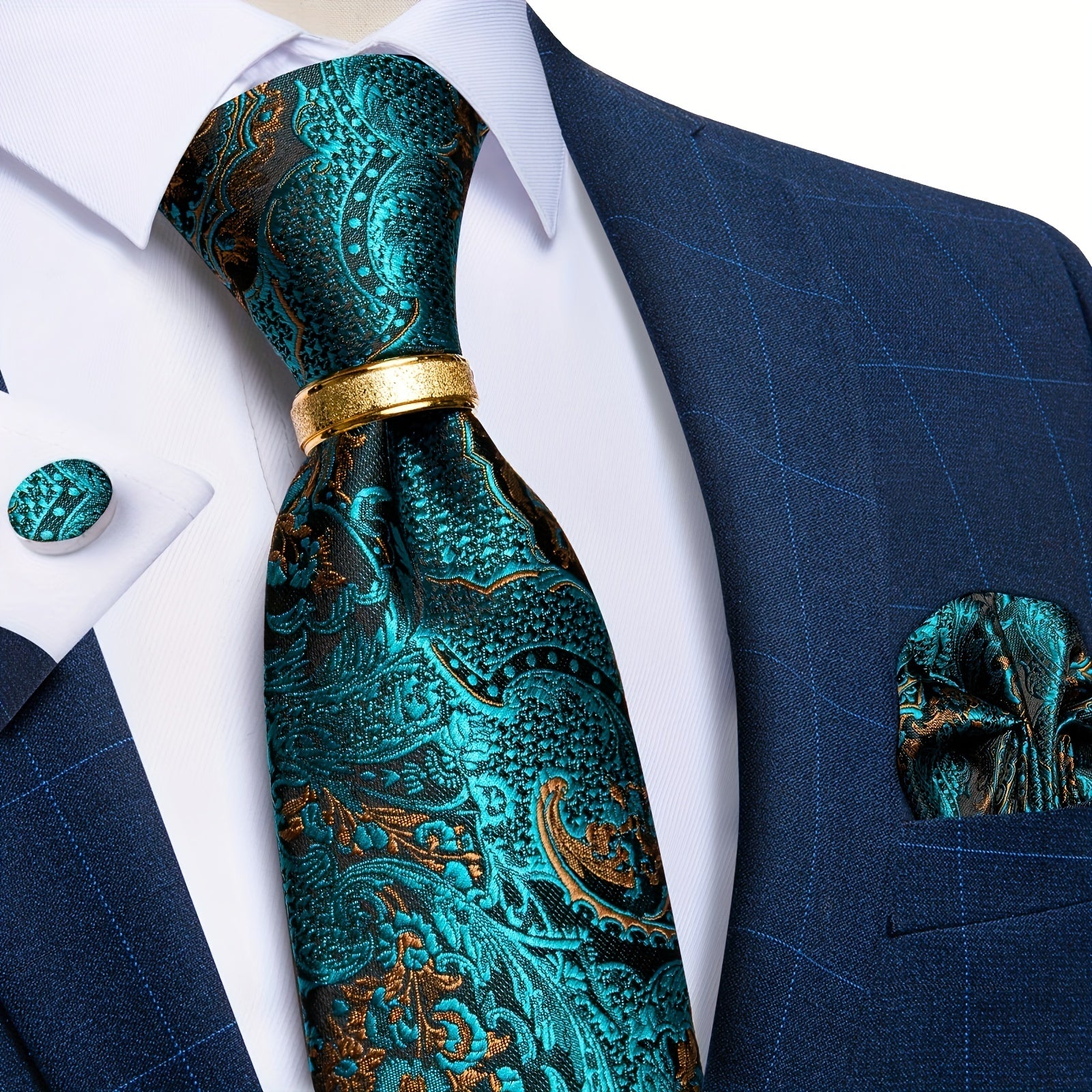 Men's Paisley Silk Wedding Tie Set with Hanky and Cufflinks
