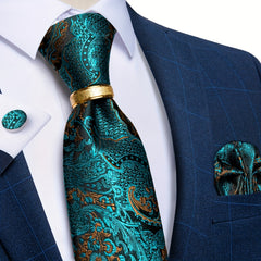 Men's Paisley Silk Wedding Tie Set with Hanky and Cufflinks