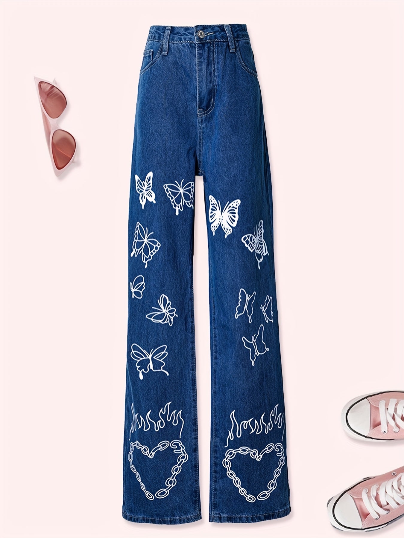 High Waist Butterfly Wide Leg Denim Pants