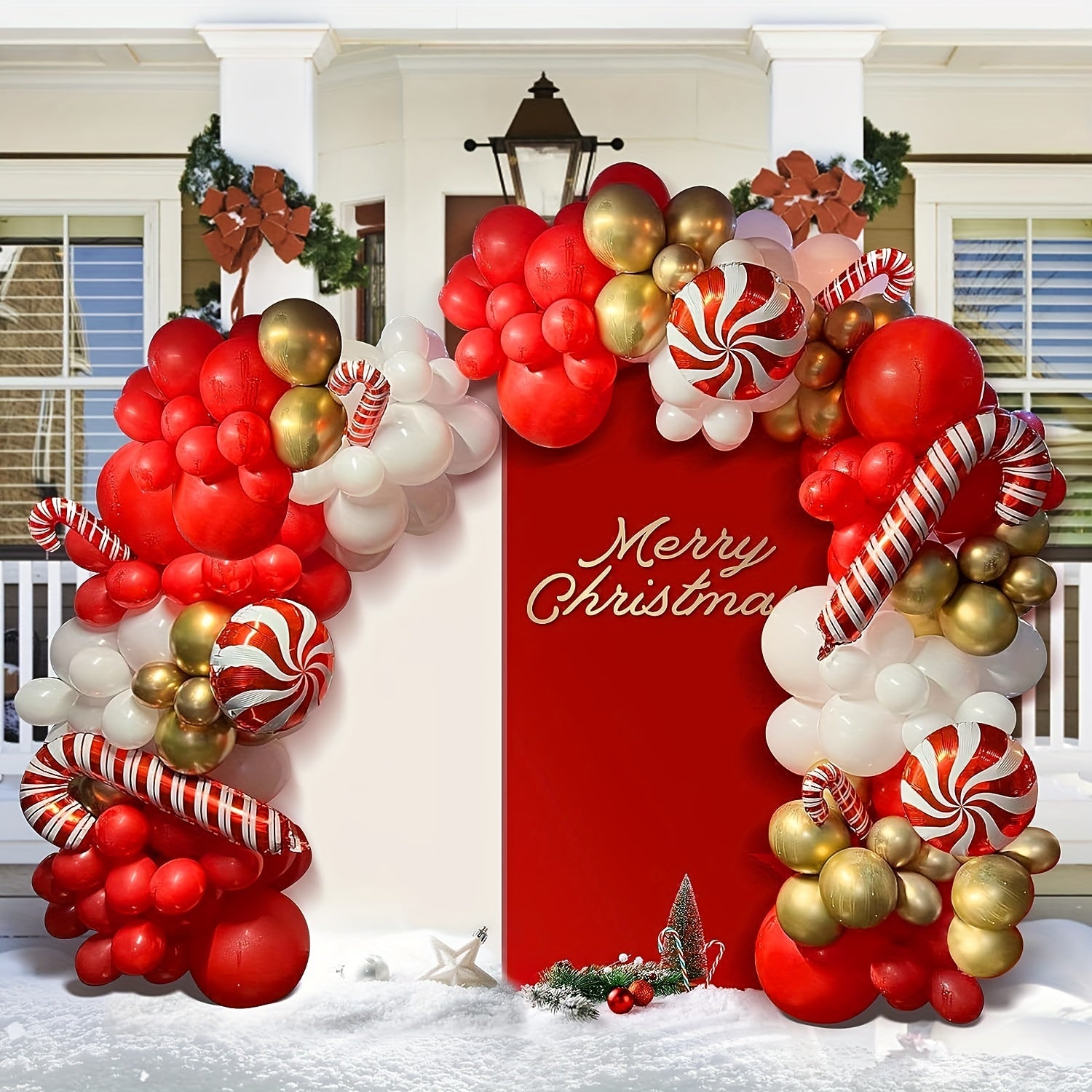 142pcs Christmas Balloon Arch Garland Kit - Red Golden Candy Cane Balloons