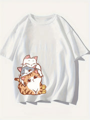 Cat Graphic Casual Short Sleeve Top Cartoon Print Sports T-shirt