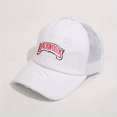 Ponytail Washed Embroidery Baseball Cap Distressed Mesh Trucker Hat