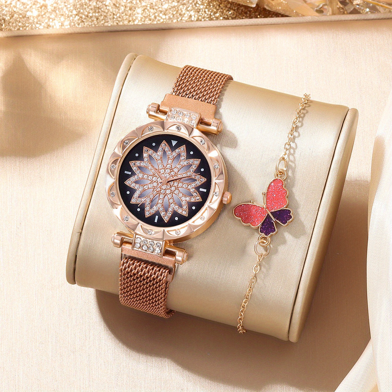 Digital Rhinestone Studded Watch & Butterfly Bracelet Set