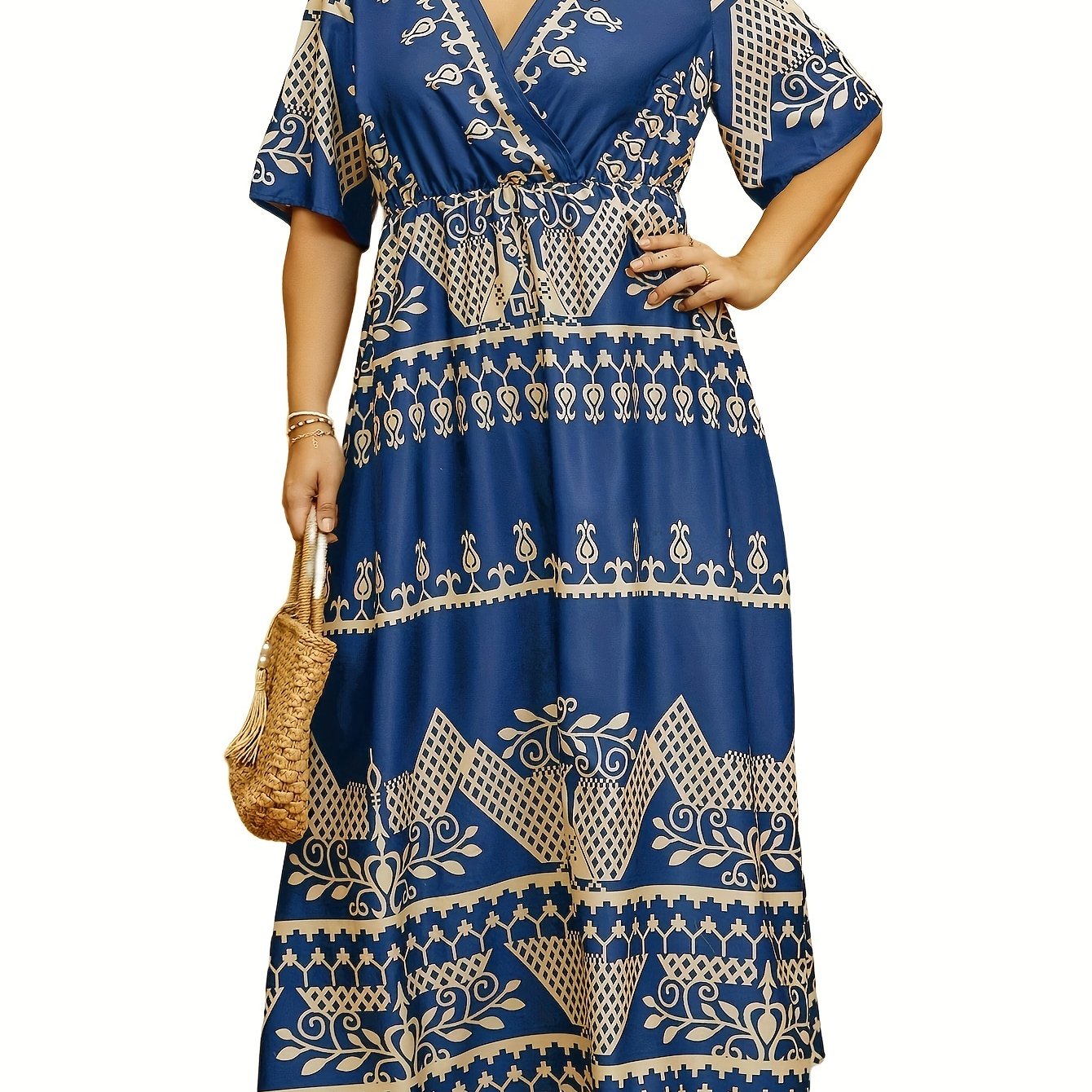 Floral Print Maxi Dress Surplice Neck Short Sleeve