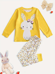 2pcs Toddler Girls Bunny Top & Floral Trousers Pajama Set