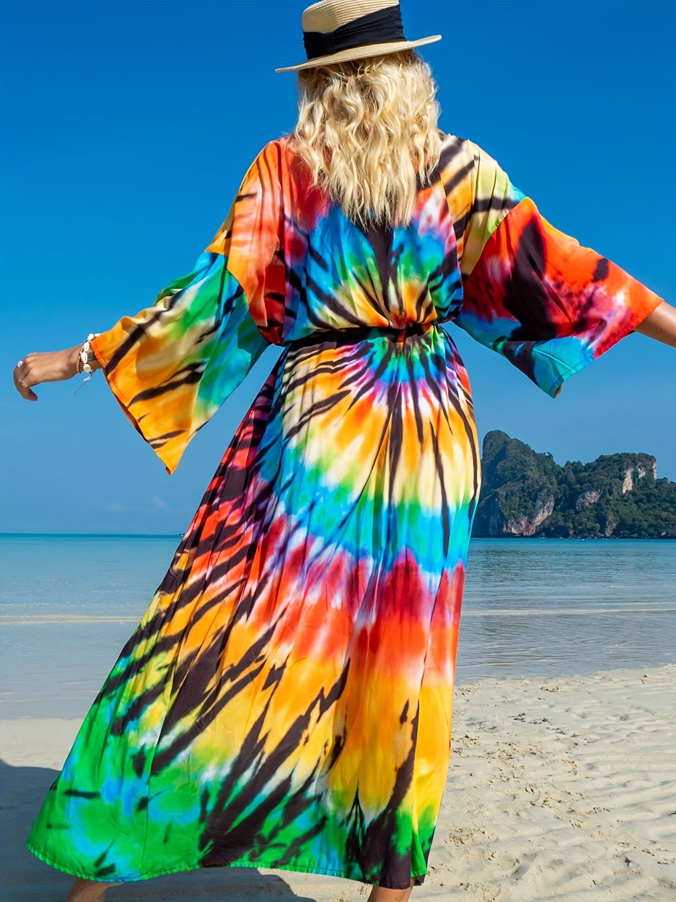 Ombre Tie Dye Stripe Wrap Cover Up - Wide Sleeve