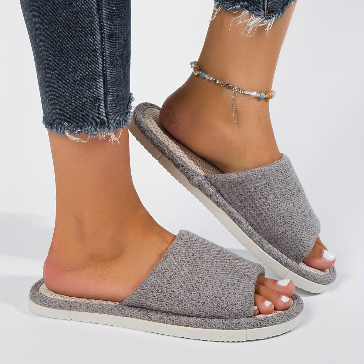Women's Fabric Home Slippers Comfy Open Toe Linen Shoes