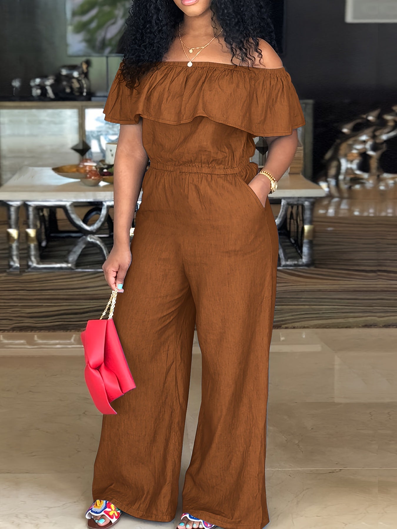 Sexy Jumpsuit Women's Plus Solid Ruffle Trim Off Shoulder Wide Leg Jum