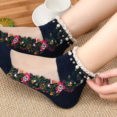 Faux Pearl Lace Trim Ankle Socks Soft Women's Stockings
