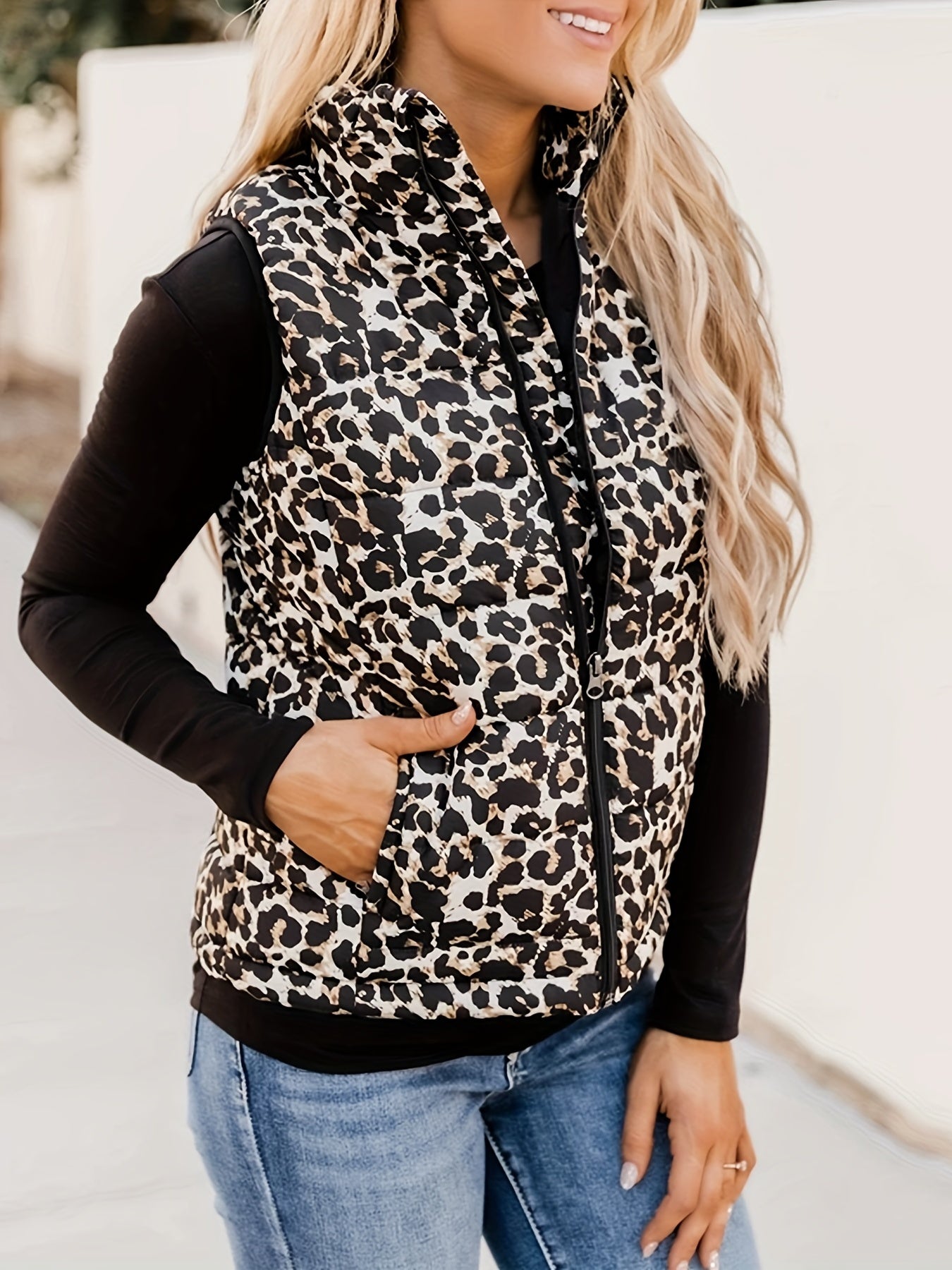 Leopard Print Zip Up Sleeveless Vest High Neck Casual Women's Clothing