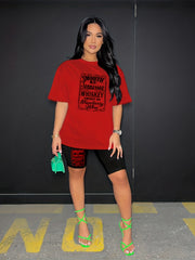 Casual Letter Print 2 Pc Set Crew Neck Tee & Shorts Outfit Women's Clothing