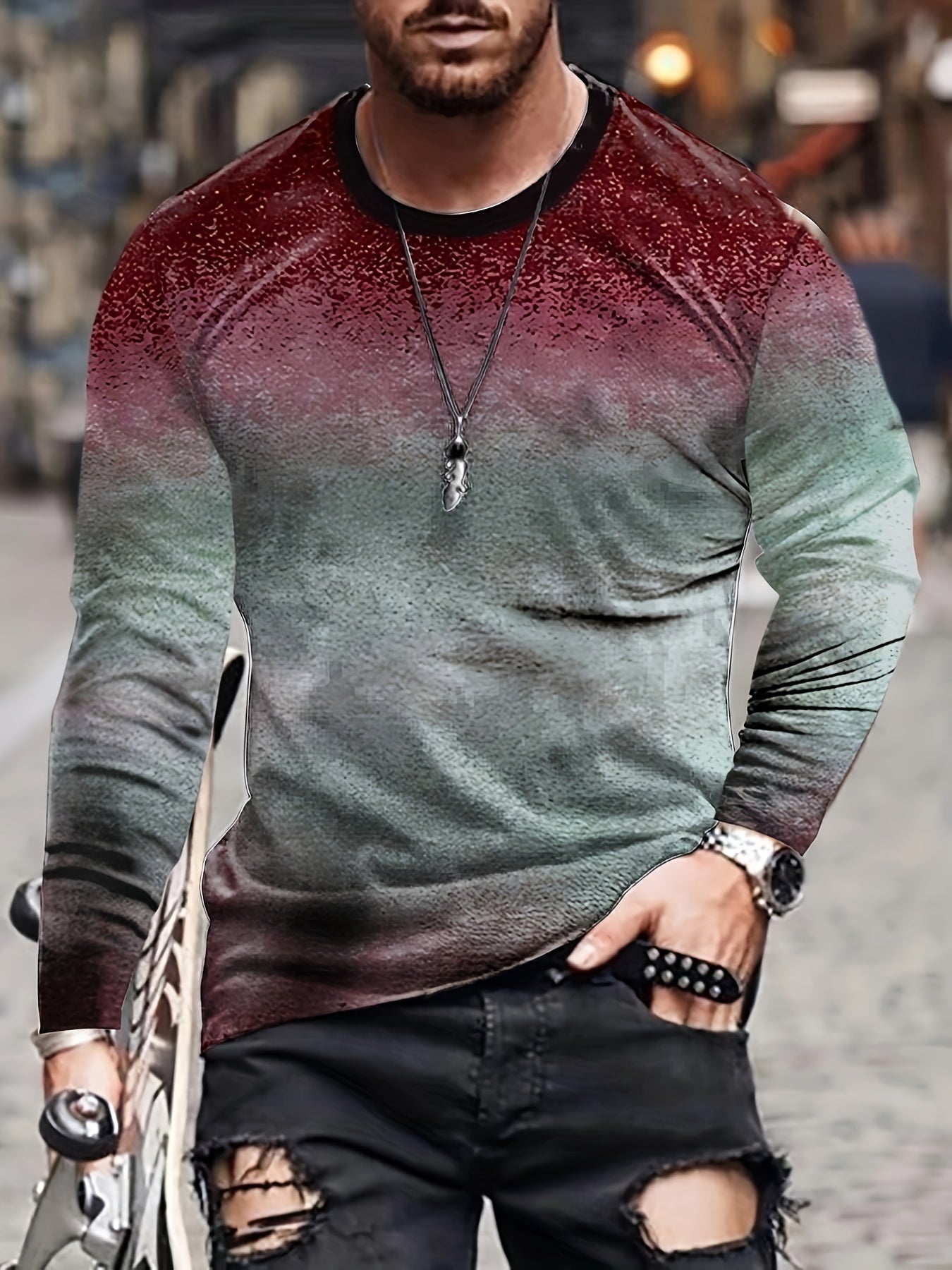 Gradient Men's Long Sleeve Vintage Novelty T-shirt For Autumn