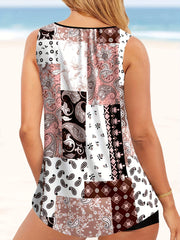 Boho Tankini Set Paisley Print Round Neck Swimsuit 2 Piece Set
