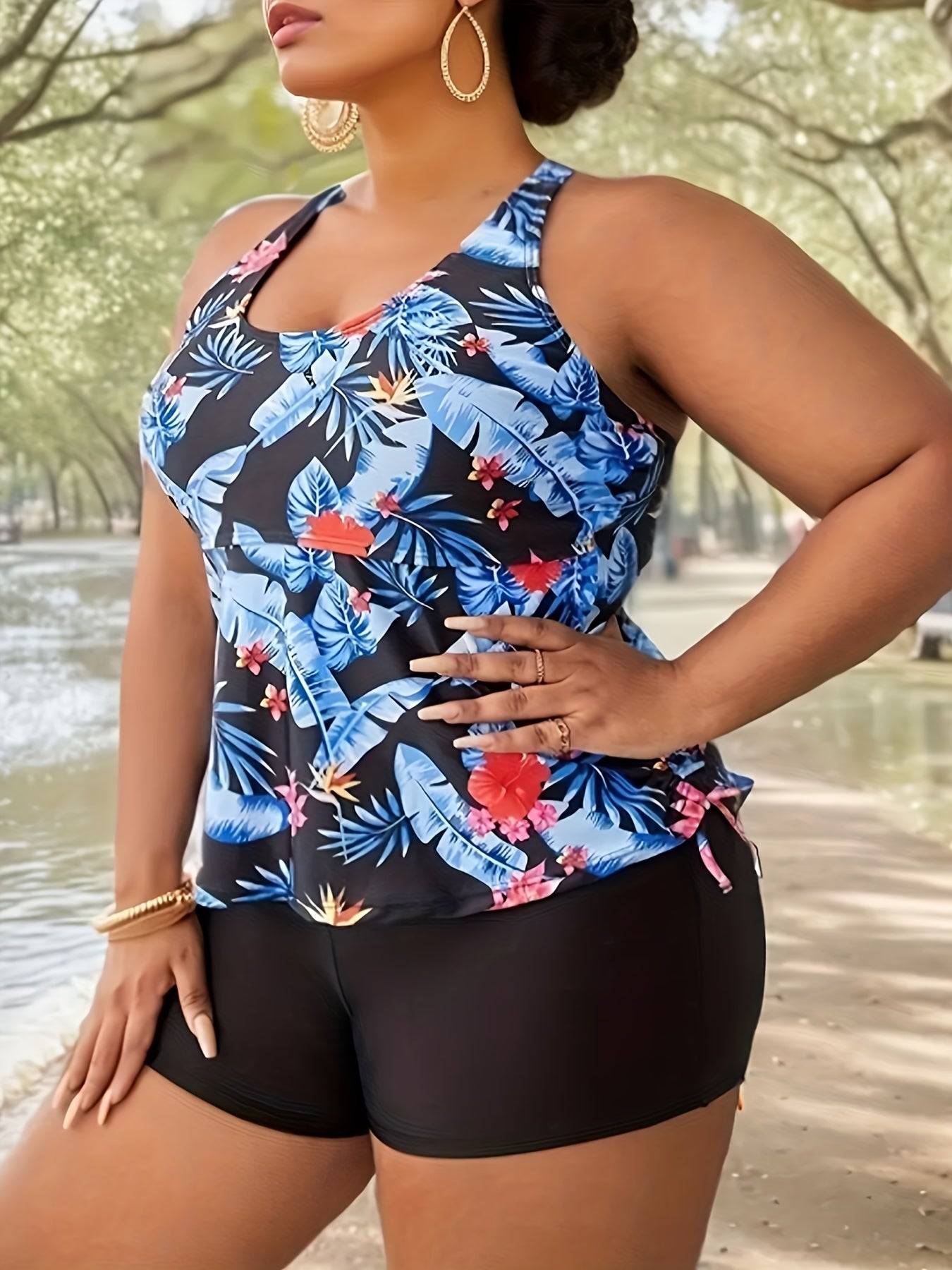 Tropical Print Tankini Set with Drawstring Top & Shorts