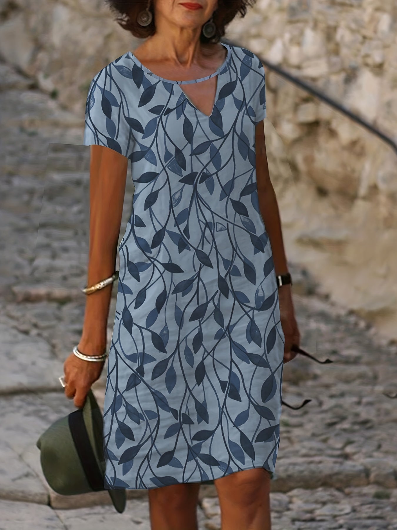 Leaf Print Cut Out Front Short Sleeve Dress