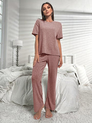 Ribbed Lounge Set Short Sleeve Crew Neck Top & Pants Women's Loungewear