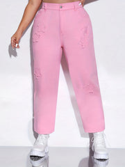 Pink Star Pattern Raw Seam Straight Jeans Loose Fit Non Stretch Casual Denim Pan