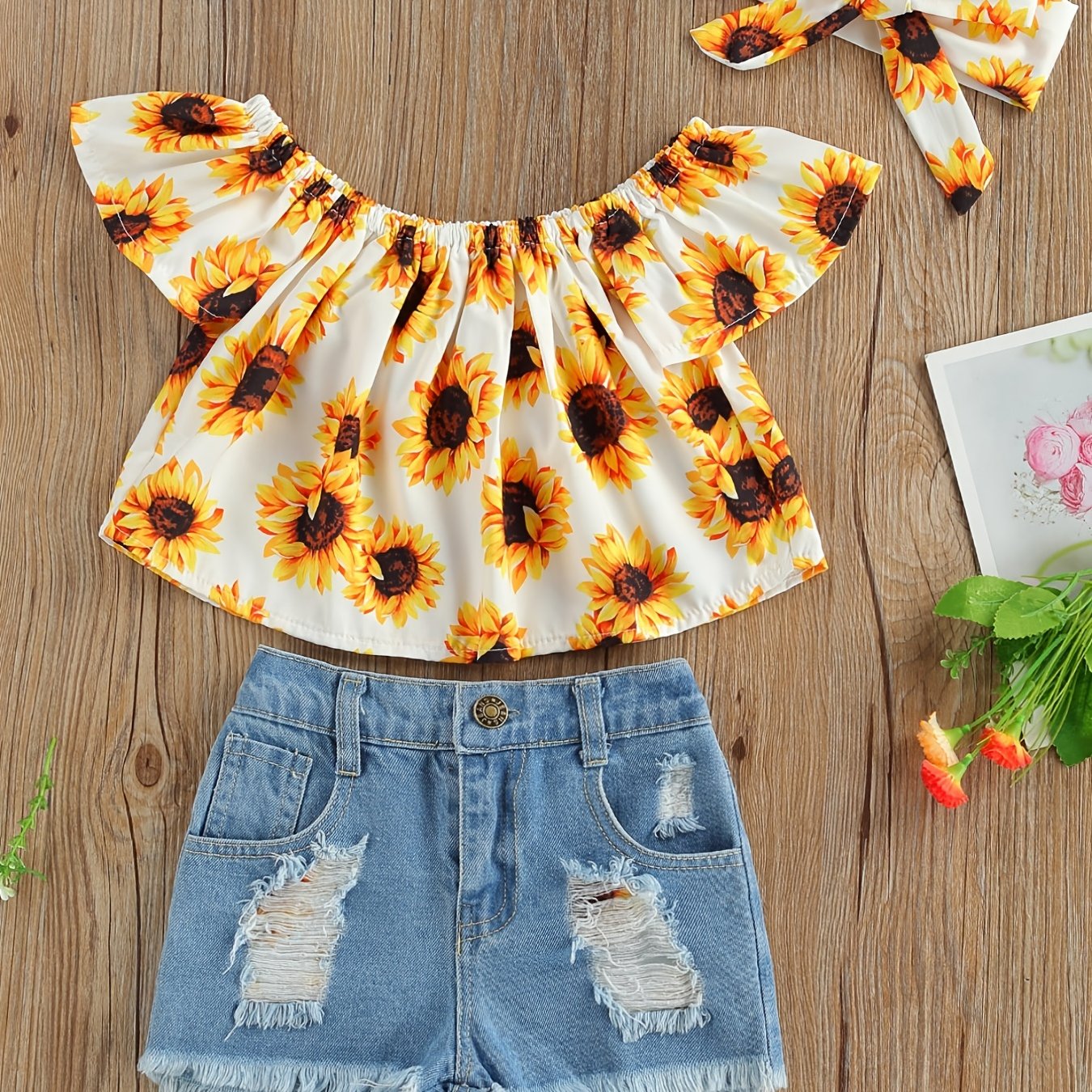 Girls Off Shoulder Sunflower Top & Denim Shorts Set for Summer