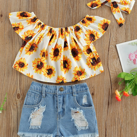 Girls Off Shoulder Sunflower Top & Denim Shorts Set for Summer