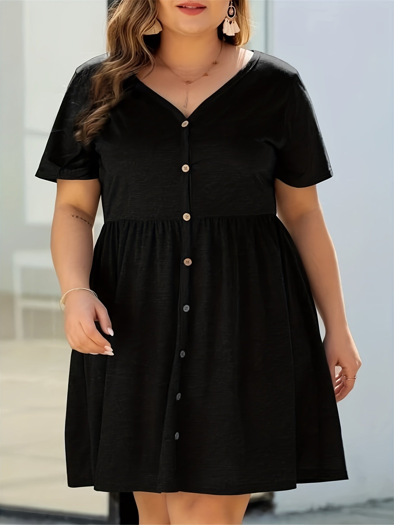 Casual Midi Shirt Dress Short Sleeve Button V Neck Nipped Waist