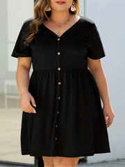 Casual Midi Shirt Dress Short Sleeve Button V Neck Nipped Waist
