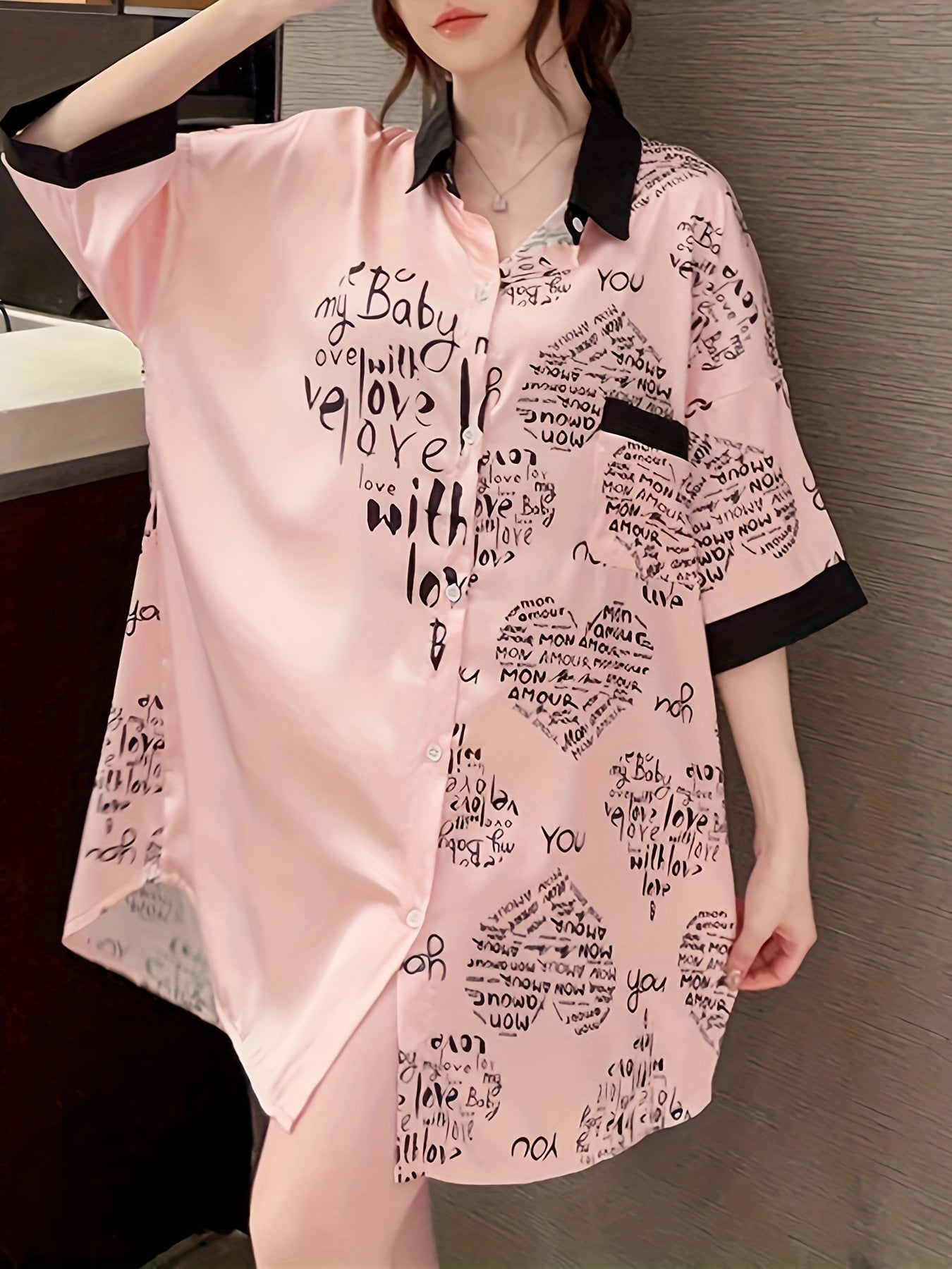 Heart & Letter Print NightDress Short Sleeve Pajama Dress Women's Sleepwear