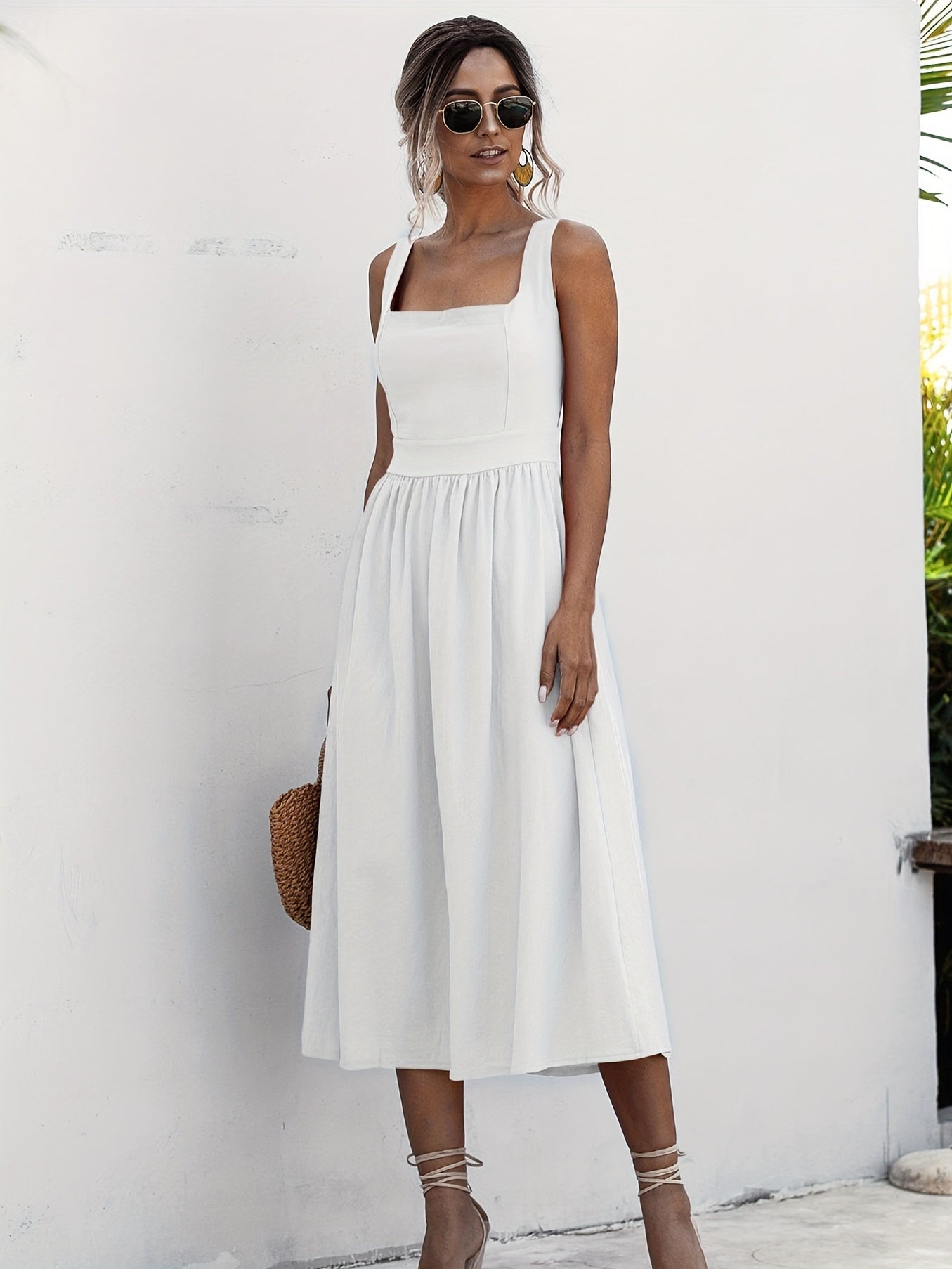 Women Solid Midi Long Dress Backless Slip Square Collar Ruched Party