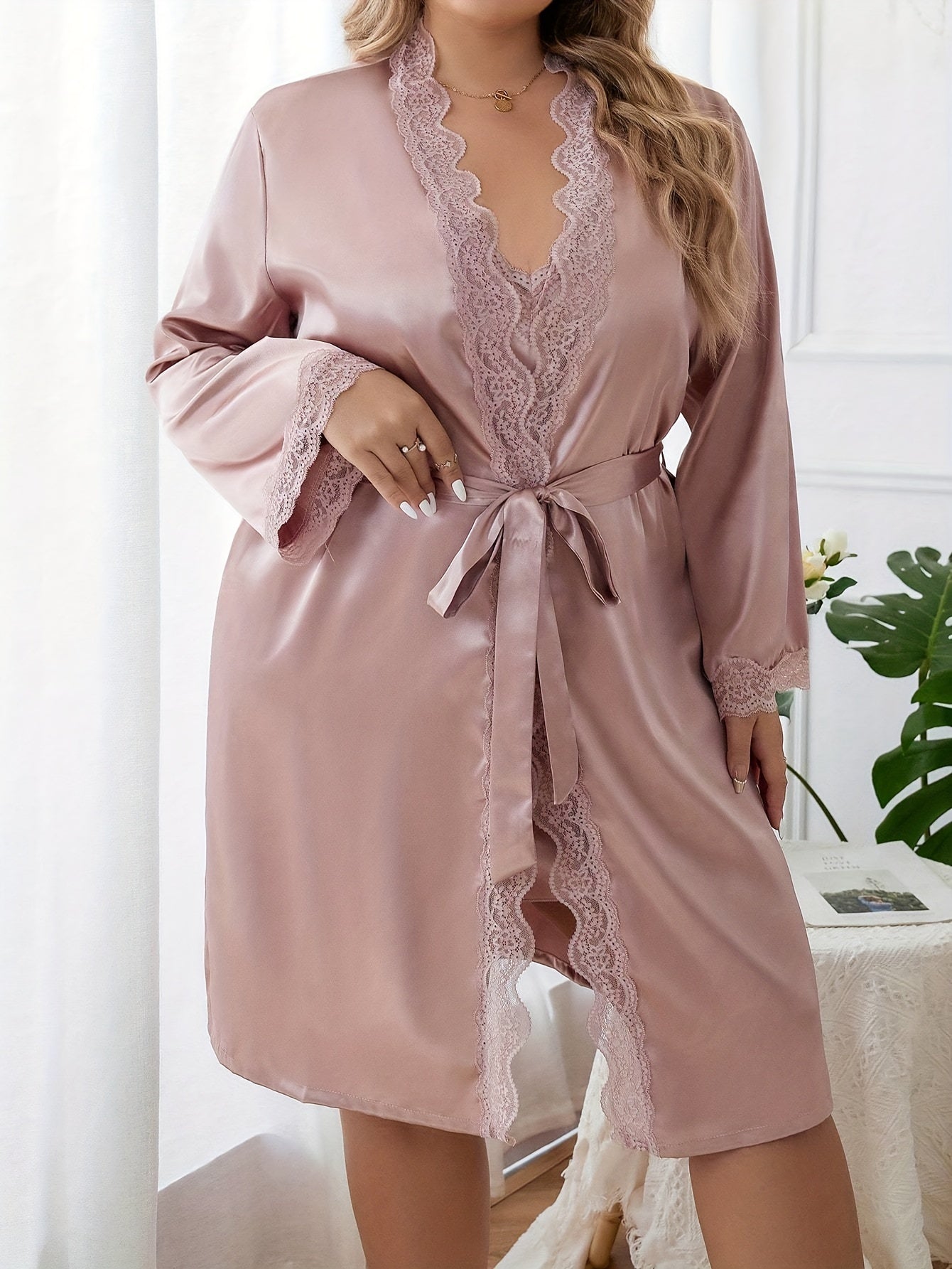 Plus Satin Lace Trim Cami Dress & Robe Set