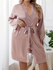 Plus Satin Lace Trim Cami Dress & Robe Set