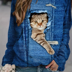 Cat Print Pullover Sweatshirt for Women
