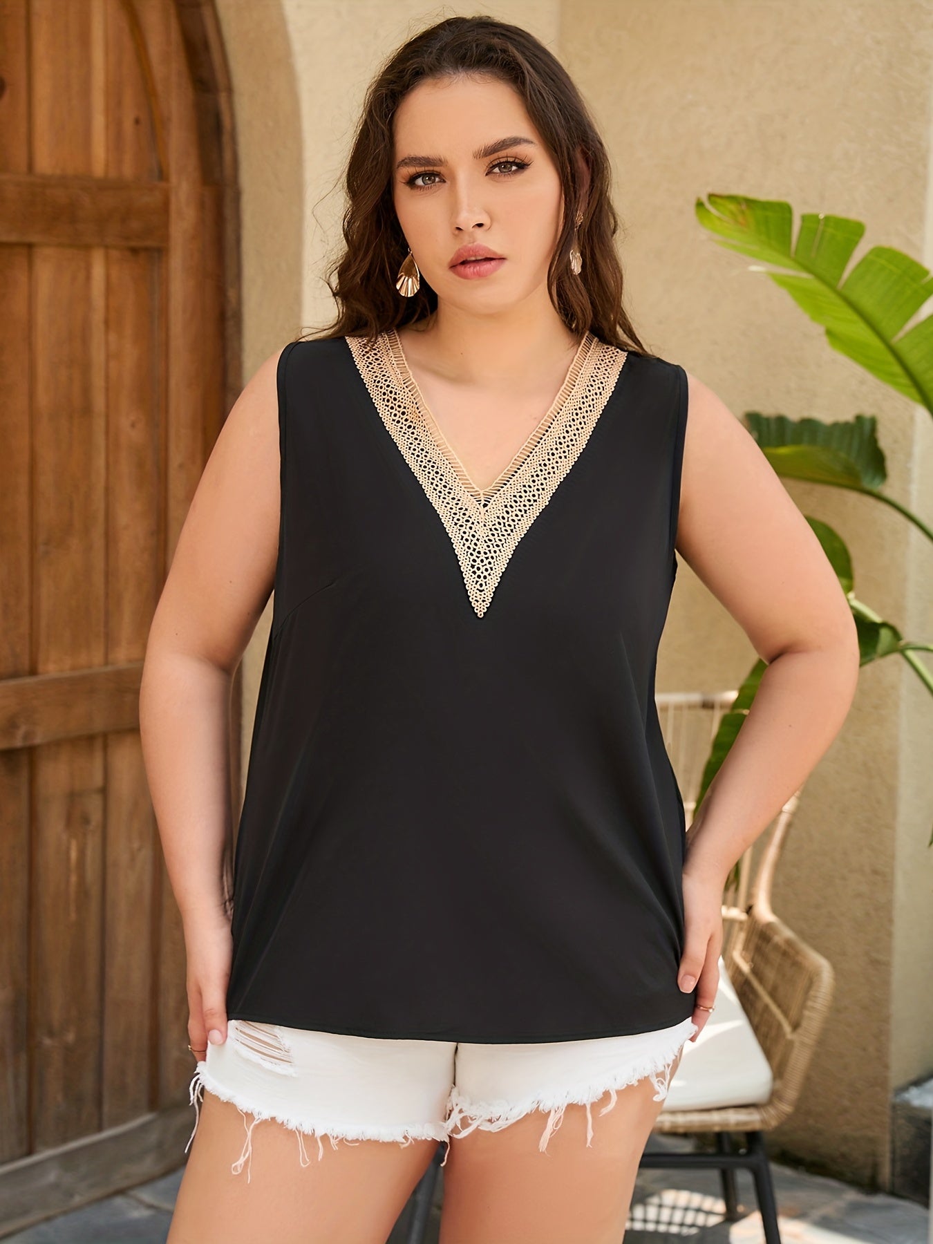 Casual V Neck Tank Top Women's Colorblock Lace Panel