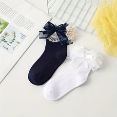 2 Pairs Baby Girls Lace Edged Butterfly Knotted Princess Socks