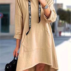 Solid Long Sleeve Hoodie Sweatshirt Dress With Kangaroo Pockets