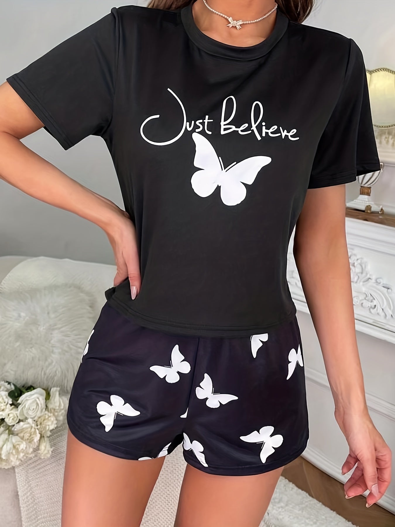 Butterfly Print Pajamas Set Short Sleeve & Shorts Women's Sleepwear