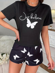 Butterfly Print Pajamas Set Short Sleeve & Shorts Women's Sleepwear