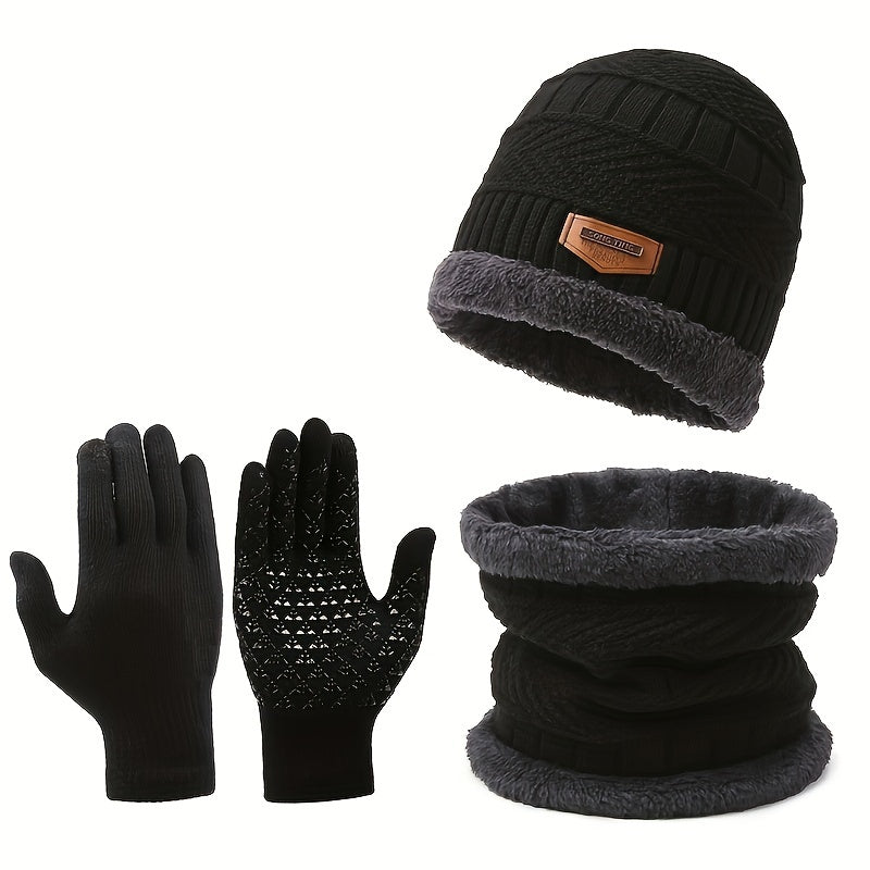 Winter Velvet Lining Knitted Hat Scarf Gloves Set Touch Screen Thermal Gloves