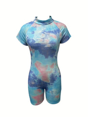 Tie Dye Mock Neck Romper Jumpsuit Short Sleeve Casual Romper