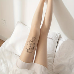 Cartoon Print Mesh Pantyhose High Waist Semi Sheer Footed Pantyhose