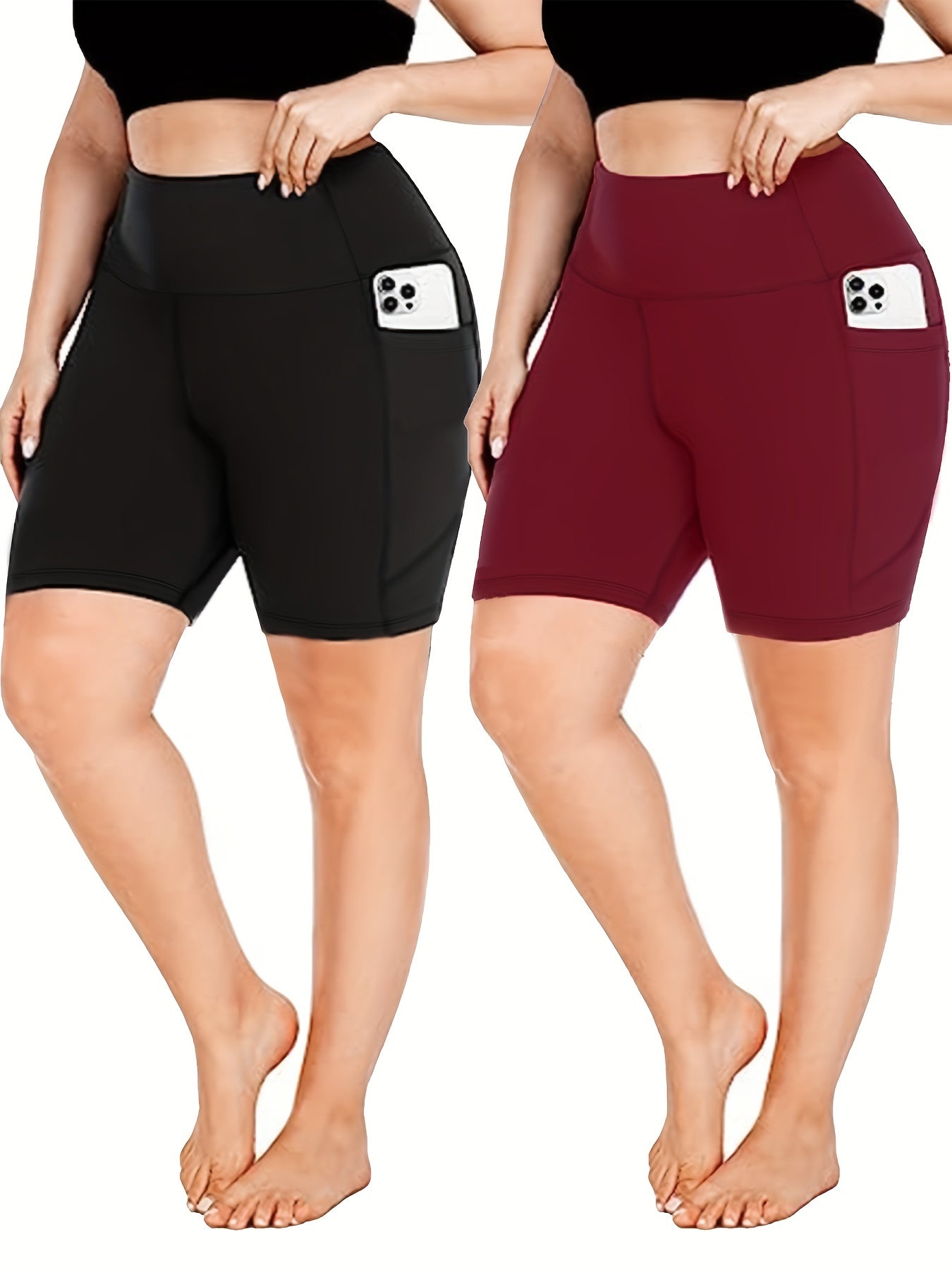 2 Pack Plus Size High Rise Yoga Shorts Set With Phone Pockets